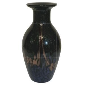 Murano Black Glass Glitter Swirl Sparkle Copper Bronze 9" Ceramic Glossy Vase
